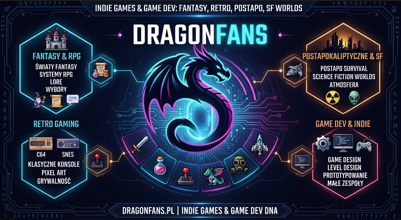 Infografika koncepcji projektu DragonFans: indie games, game dev, gry fantasy RPG, retro gaming i gry postapokaliptyczne